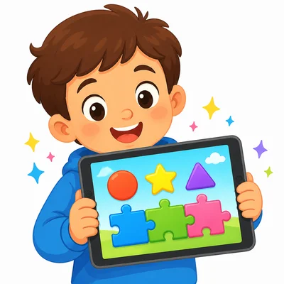 Child using a tablet with a colorful game app.