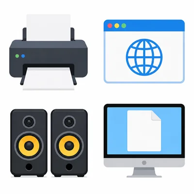 Printer, web browser, speakers, and word processor shown as computer items.