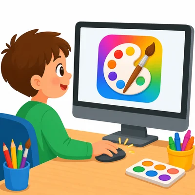 Child clicking a painting program icon with a mouse.