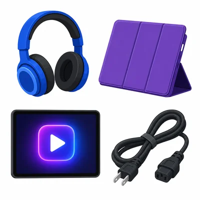 Headphones, tablet case, video app icon, and power cord.