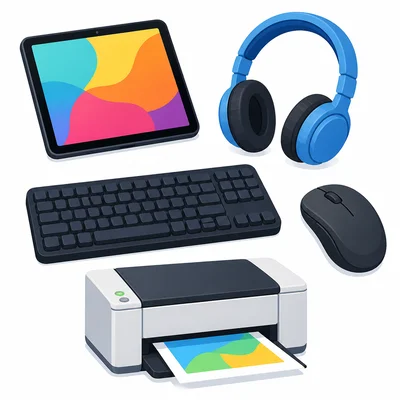 Examples of computer hardware including tablet, headphones, keyboard, mouse, and printer.