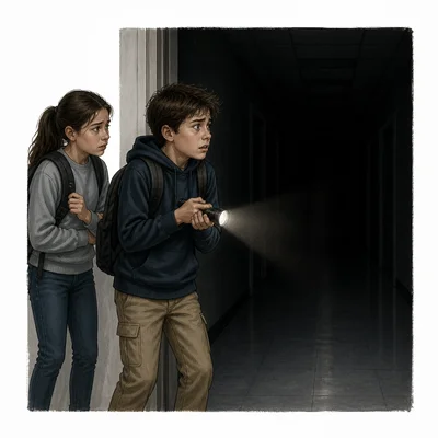 A student grips a flashlight nervously while facing a dark hallway.