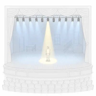 A stage diagram showing one actor highlighted by a spotlight while the rest of the stage remains dimly lit.