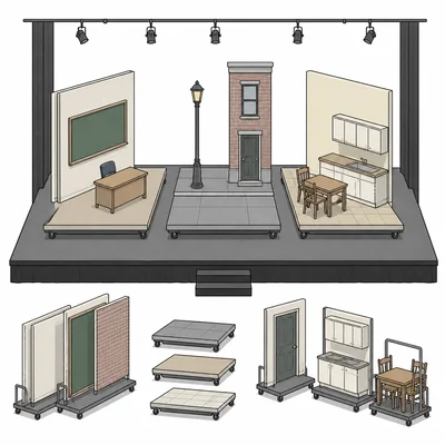 A modular stage layout with simple areas for a classroom, city street, and kitchen to allow fast scene changes.