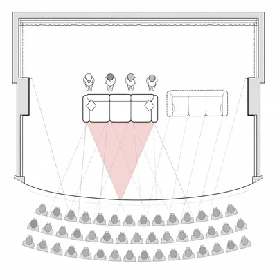 A top-down stage diagram showing a downstage couch blocking audience sightlines to actors, with an alternate side placement indicated.