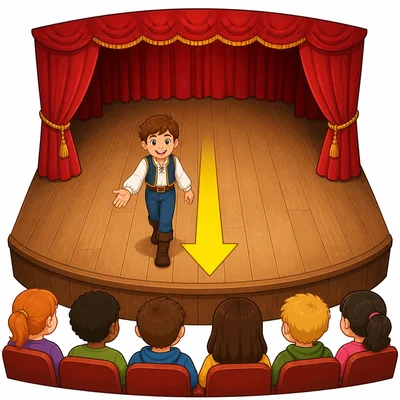 An actor walks toward the audience at the front of a stage.