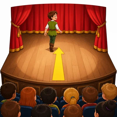 An actor walks away from the audience toward the back of the stage.