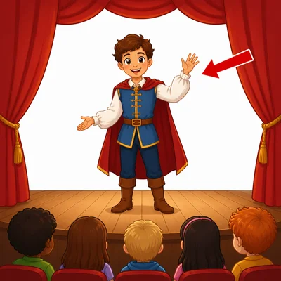 An actor faces the audience with an arrow showing the actor’s own left side.