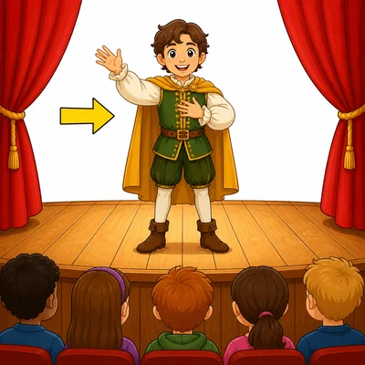 An actor faces the audience with an arrow showing the actor’s own right side.
