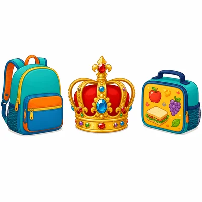 A backpack, a royal crown, and a lunchbox.