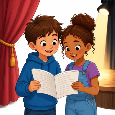 Two actors look at an open script.