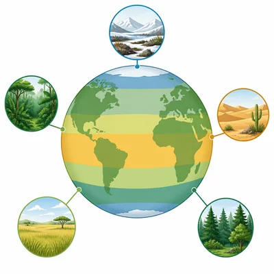Globe with climate bands and biome landscape icons.