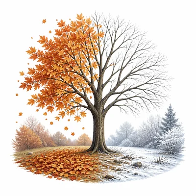 Deciduous tree dropping leaves in fall as winter approaches.