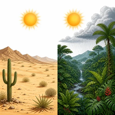 Hot desert and hot rainforest shown as different biomes.