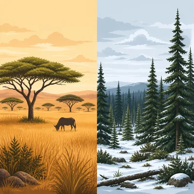Savanna and taiga biomes shown side by side.