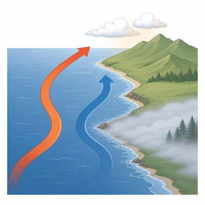 Ocean currents flowing near a coast and influencing nearby weather.
