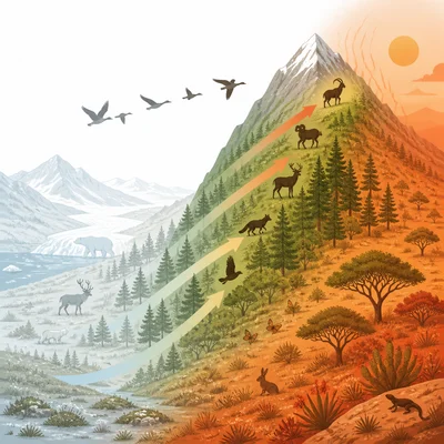 Biome shifting as climate warms, with plants and animals moving.