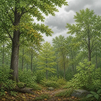 Temperate deciduous forest with broadleaf trees and moderate rainfall.