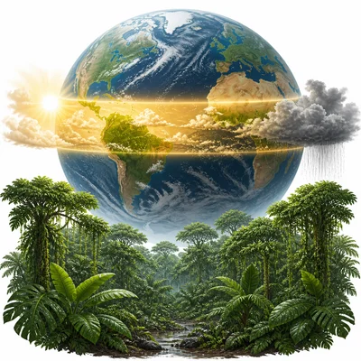 Tropical zone with warm sunlight, rain, and rainforest vegetation.