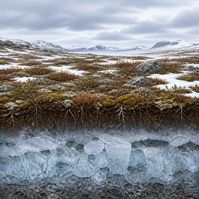 Cold tundra landscape with frozen ground and low plants.