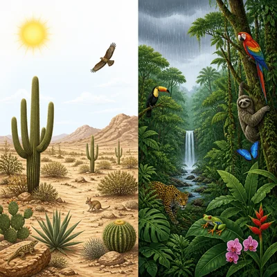 Desert and tropical rainforest shown side by side.