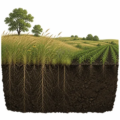 Grassland with deep soil, grass roots, and crops.