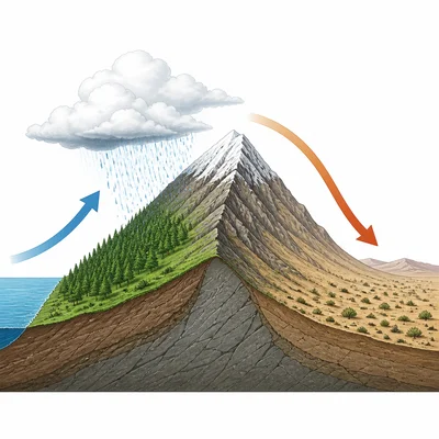 Rain shadow effect with wet forest on one side of mountains and dry land on the other.