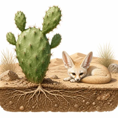 Desert cactus and animal showing survival adaptations.