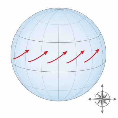 Prevailing westerly winds shown moving from west toward east across a midlatitude band.