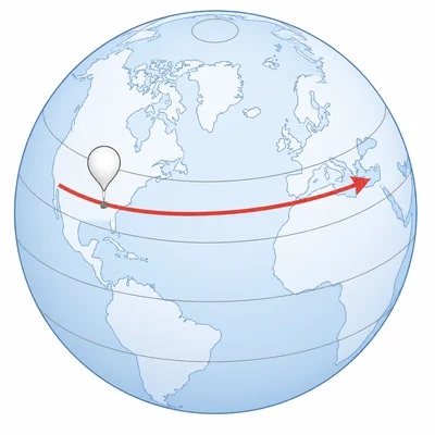 Weather balloon carried eastward by prevailing westerlies in the Northern Hemisphere.