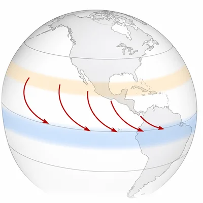 Northern Hemisphere trade winds curving from subtropics toward the equator.