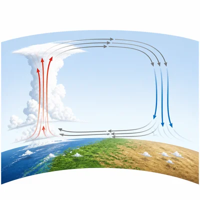 Hadley cell with rising equatorial air, sinking subtropical air, and surface trade winds.