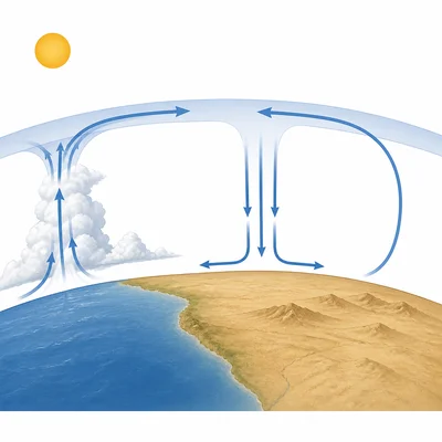 Dry sinking air in the subtropics creates clear conditions over desert regions.