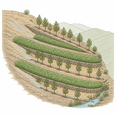 Restored sloped farmland with terraces, cover crops, young trees, and drip irrigation reducing runoff.