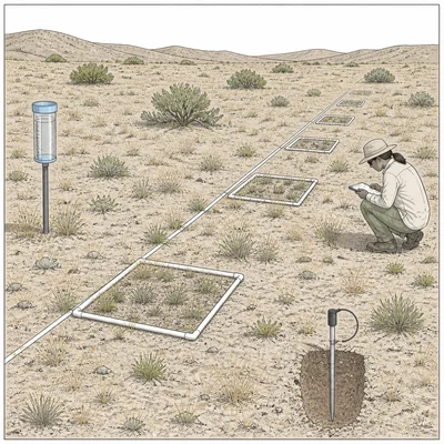 Semi-arid field monitoring setup with survey plots, rain gauge, soil moisture probe, and vegetation observations.