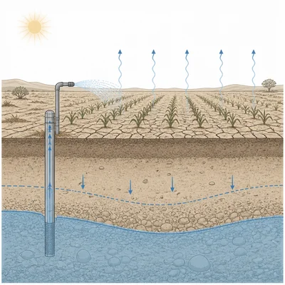 Diagram of drought, irrigation pumping, and dry cracked farmland showing groundwater depletion.