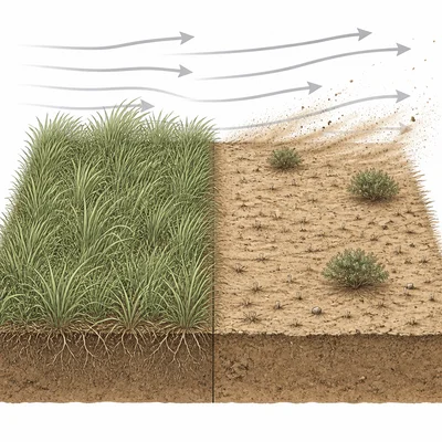 Comparison of grassy soil and bare grazed soil, with wind erosion occurring mainly on the bare area.