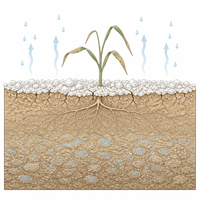 Cross-section of irrigated soil with a white salt crust and a stressed plant.