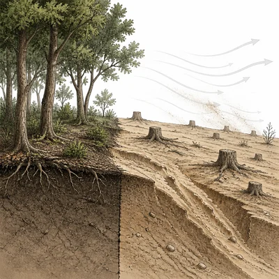 Deforested edge of a dryland region showing exposed soil and increased wind erosion.