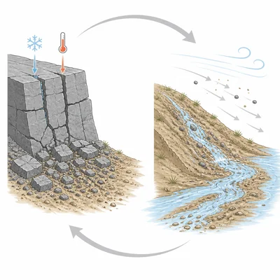 Diagram showing rock breaking into fragments and sediment being transported by wind and water.