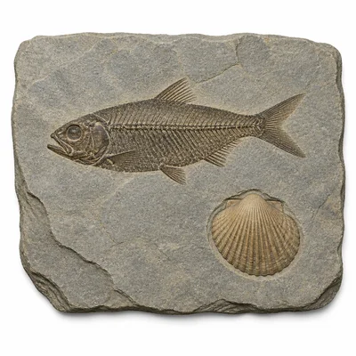 A rock slab showing fossil imprints of a fish and a shell.