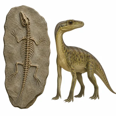 A fossil skeleton shown beside a reconstructed extinct animal.