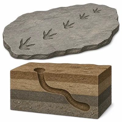 Trace fossils showing footprints and a burrow in rock.