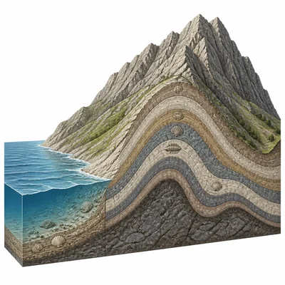 A sea creature fossil in uplifted rock layers inside a mountain.