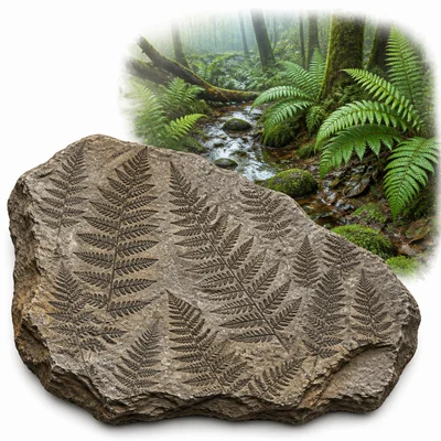 A rock with many fossilized fern leaves suggesting a wet ancient environment.