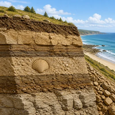 A shell fossil embedded in layered rock far from the ocean.