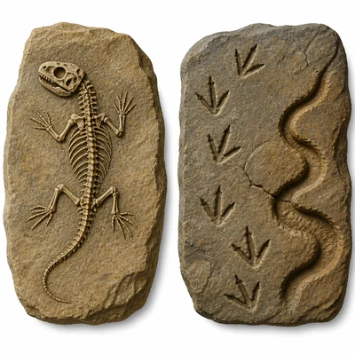 A body fossil compared with trace fossils such as footprints and a burrow.