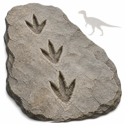 A fossil footprint trail in stone with an ancient animal silhouette nearby.