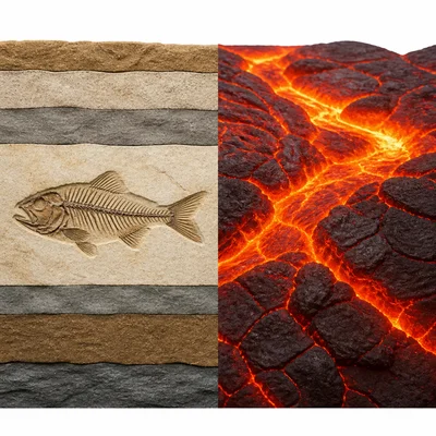 Sedimentary rock with a fossil contrasted with hot igneous rock without fossils.