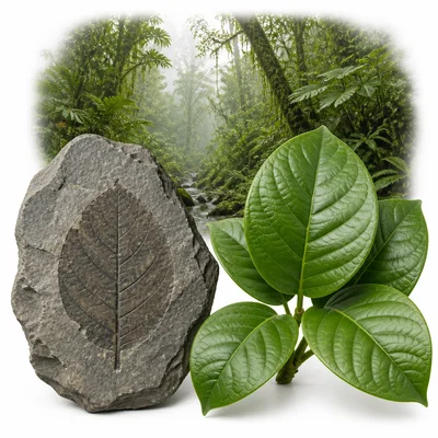 A fossil leaf compared with broad green leaves from a warm, wet environment.